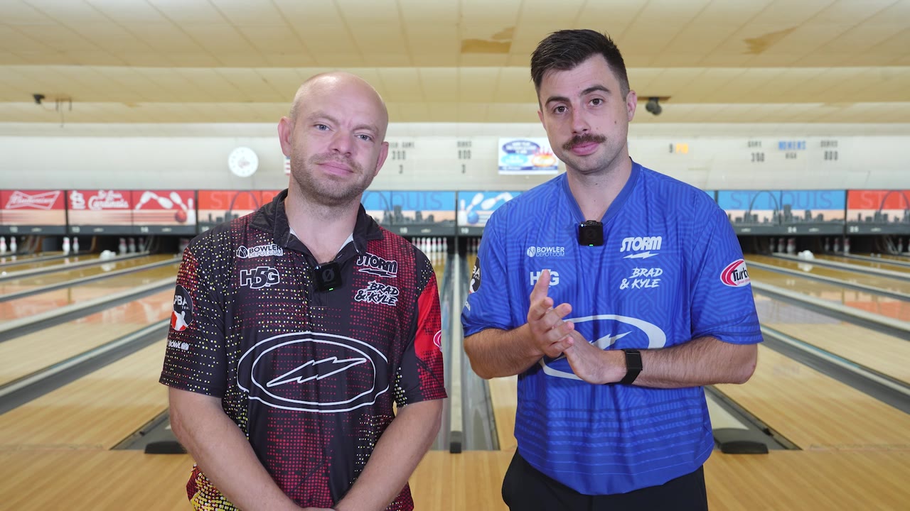 Brad Miller and Kyle Sherman standing on the lanes at the end of the VIP membership video